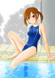Rule 34 | 1girl, arm support, barefoot, brown hair, competition swimsuit, one-piece swimsuit, original, pool, poolside, red eyes, ripples, short hair, sitting, soaking feet, solo, submerged, swimsuit, tk4, twintails, water