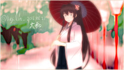 Rule 34 | 10s, 1girl, 2016, absurdres, alternate costume, blue hakama, blurry, brown hair, character name, cherry blossoms, chromatic aberration, closed mouth, cowboy shot, dated, depth of field, eyebrows, hair intakes, hair ornament, hakama, hakama skirt, highres, holding, holding umbrella, japanese clothes, kantai collection, key kun, kimono, long hair, looking at viewer, oil-paper umbrella, outdoors, ponytail, rain, sidelocks, skirt, smile, solo, standing, twitter username, umbrella, very long hair, wide sleeves, yamato (kancolle), yellow eyes