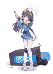 Rule 34 | 1girl, absurdres, animal ears, bird, black gloves, blue archive, blue serafuku, blue shirt, blue skirt, bolt action, bright pupils, choibts, closed mouth, fake animal ears, full body, gloves, gun, halo, highres, holding, holding gun, holding weapon, knee pads, leaf, leaf on head, long sleeves, looking at viewer, miyu (blue archive), mosin-nagant, pantyhose, pink eyes, pleated skirt, pouch, rabbit ears, recycle bin, rifle, sailor collar, school uniform, serafuku, shirt, shoes, simple background, single knee pad, skirt, sneakers, sniper rifle, solo, trash bag, weapon, white background, white footwear, white pantyhose, white pupils, white sailor collar