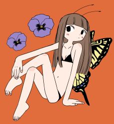 Rule 34 | 1girl, antennae, arm support, barefoot, bikini, black bikini, black eyes, blunt ends, butterfly wings, closed mouth, fairy, female focus, flat chest, flower, highres, insect wings, long hair, looking at viewer, navel, orange background, original, pansy, semi kon, sideways glance, simple background, sitting, solo, swimsuit, wings