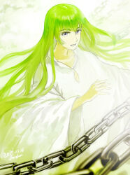 Rule 34 | 1boy, chain, collarbone, dated, enkidu (fate), eyelashes, fate/grand order, fate (series), fon-due (fonfon), green hair, grey eyes, long hair, long sleeves, looking at viewer, male focus, open mouth, robe, signature, solo, very long hair, white robe, wide sleeves