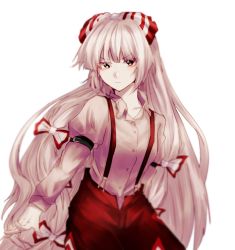 Rule 34 | 1girl, arm behind back, arm garter, baggy pants, beige shirt, black eyes, blurry, bow, buckle, buttons, closed mouth, collared shirt, commentary request, cowboy shot, eyes visible through hair, floating hair, frown, fujiwara no mokou, grey hair, hair bow, highres, hime cut, juliet sleeves, long hair, long sleeves, looking at viewer, outstretched hand, pants, puffy sleeves, red bow, red eyes, red pants, serious, shirt, sidelocks, simple background, solo, somei ooo, suspenders, touhou, very long hair, white background, white bow, wing collar, yellow eyes