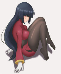 Rule 34 | 1girl, absurdres, ass, black hair, black pantyhose, blunt bangs, breasts, commentary, creatures (company), feet, full body, game freak, gloves, highres, knees together feet apart, knees up, large breasts, long sleeves, nintendo, no shoes, pantyhose, pokemon, pokemon frlg, red eyes, red skirt, sabrina (pokemon), simple background, sitting, skirt, solo, thighs, toes, vanishingknife, white background, white gloves, wide sleeves