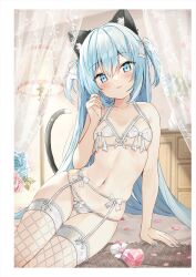 Rule 34 | 1girl, absurdres, animal ear fluff, animal ears, bare arms, bare shoulders, blue eyes, blue hair, blue nails, blush, bow, bow bra, bow panties, bra, breasts, cat ears, cat girl, cat tail, closed mouth, collarbone, fishnets, garter belt, hair between eyes, hand up, head tilt, highres, long hair, looking at viewer, nail polish, navel, non-web source, original, panties, saeki sora, small breasts, smile, solo, tail, thigh gap, thighhighs, two side up, underwear, underwear only, very long hair, white bra, white panties