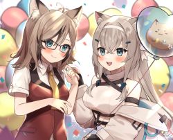 Rule 34 | 2girls, ahoge, animal ear fluff, animal ears, aqua eyes, balloon, bare shoulders, blush, bow, bowtie, braid, brown hair, commission, detached sleeves, dress, eyes visible through hair, fang, glasses, goma (u p), grey dress, hair between eyes, hair ornament, hairband, hairpin, holding, holding balloon, light brown hair, long hair, looking at viewer, medium hair, multiple girls, open mouth, original, red dress, side braid, simple background, skeb commission, smile, teeth, upper teeth only, yellow bow, yellow bowtie