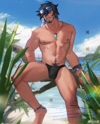 Rule 34 | 1boy, abs, absurdres, artist request, bara, beach, beard, black male swimwear, blue eyes, bulge, eyewear on head, facial hair, feet out of frame, final fantasy, final fantasy xiv, highres, hy the highlander, jewelry, kuyao, large pectorals, legs apart, looking at viewer, male focus, male swimwear, manspreading, medium hair, multiple bracelets, muscular, muscular male, mustache, nipples, pectorals, pendant, smile, solo, stomach, sunglasses, swim briefs, thick thighs, thighs, topless male, warrior of light (ff14), watermark