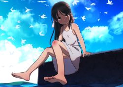 Rule 34 | 1girl, armpits, arms at sides, artist request, bare shoulders, barefoot, beach, bird, blush, brown hair, child, cloud, day, dress, eyelashes, feet, female focus, fingernails, flat chest, full body, hair ornament, happy, idolmaster, idolmaster cinderella girls, legs, light particles, light smile, long hair, looking at viewer, looking down, namco, neck, outdoors, parted bangs, seagull, shiny skin, sidelocks, sitting, sky, sleeveless, sleeveless dress, smile, soles, summer, sundress, tachibana arisu, thighs, toenails, toes, white dress, yellow eyes