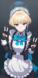 Rule 34 | 1girl, apron, blonde hair, blue archive, blue eyes, blue halo, bow, bowtie, closed mouth, commentary, double v, expressionless, fingerless gloves, gloves, gradient background, halo, hands up, head tilt, headset, holster, kelinch1, long sleeves, looking at viewer, maid, maid headdress, single sidelock, solo, toki (blue archive), tsurime, v