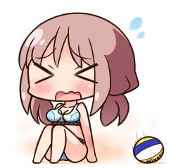 Rule 34 | &gt; &lt;, 10s, 1girl, ball, bare arms, bare legs, bare shoulders, barefoot, bikini, blue bikini, blush, breasts, brown hair, chibi, closed eyes, collarbone, commentary request, facing viewer, flying sweatdrops, full body, hana kazari, harukana receive, large breasts, long hair, mikasa sports, oozora haruka (harukana receive), open mouth, sitting, solo, speed lines, swimsuit, volleyball (object), wavy mouth, white background