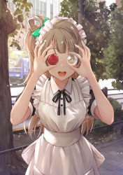 Rule 34 | 10s, 1girl, apron, bare arms, brown eyes, cityscape, commentary request, cowboy shot, dated, dress, green ribbon, grey hair, hair ribbon, hair rings, highres, holding, long hair, love live!, maid, maid apron, maid headdress, minami kotori, motor vehicle, one side up, outdoors, ribbon, road, shamakho, short sleeves, smile, solo, standing, tree, truck