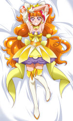 Rule 34 | 1girl, amanogawa kirara, arm up, armpits, bare shoulders, bed, blunt bangs, breasts, choker, collarbone, cure twinkle, dress, earrings, from above, full body, gloves, go! princess precure, hair ornament, hanzou, highres, jewelry, long hair, lying, magical girl, multicolored hair, on back, on bed, precure, purple eyes, shoes, skirt, solo, star (symbol), star earrings, striped clothes, striped dress, teeth, thighhighs, twintails, two-tone hair, very long hair, white footwear, white thighhighs, yellow skirt, zettai ryouiki