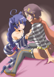 Rule 34 | 2girls, alice (criminal girls), bare shoulders, black thighhighs, blue hair, blush, braid, breasts, brown eyes, brown hair, criminal girls, ginjyasei, grabbing, grabbing another&#039;s breast, hair ornament, long hair, multiple girls, ran (criminal girls), scarf, short hair, shorts, sitting, striped clothes, striped legwear, striped thighhighs, thighhighs, yuri