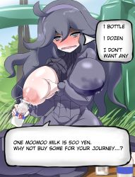 Rule 34 | 10s, 1girl, @ @, absurdres, ahegao, ahoge, ayuayu (shouyu no sato), black hair, blush, bottle, breast hold, breast slip, breasts, bush, creatures (company), game freak, grass, hairband, hard-translated, hex maniac (pokemon), highres, huge breasts, lactating into container, lactation, lactation through clothes, long hair, looking at viewer, milk, naughty face, nintendo, nipples, npc trainer, one breast out, open clothes, open mouth, outdoors, pale skin, pokemon, pokemon xy, purple eyes, ribbed sweater, sitting, sky, smile, solo, sweater, text focus, third-party edit, translated