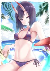 Rule 34 | 1girl, absurdres, alcohol, bare shoulders, beach, bikini, blue sky, blush, bob cut, breasts, closed mouth, collarbone, cup, day, eyeliner, fate/grand order, fate (series), gourd, highres, horns, innertube, licking lips, looking at viewer, makeup, navel, oni, outdoors, palm tree, purple bikini, purple eyes, purple hair, ruga (orage38), sakazuki, sake, short eyebrows, short hair, shuten douji (fate), side-tie bikini bottom, sitting, skin-covered horns, sky, small breasts, smile, solo, sunlight, swim ring, swimsuit, thighs, tongue, tongue out, tree