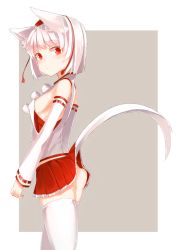Rule 34 | 1girl, adapted costume, albino, alternate costume, alternate hairstyle, animal ears, ass, bad id, bad twitter id, bare shoulders, border, breasts, detached sleeves, grey background, hat, inubashiri momiji, long sleeves, looking at viewer, miniskirt, no bra, open mouth, outside border, pokan (xz1128), pom pom (clothes), red eyes, shirt, short hair, sideboob, simple background, skirt, small breasts, solo, string, tail, thighhighs, tokin hat, touhou, upskirt, white hair, white thighhighs, wolf ears, wolf tail, zettai ryouiki