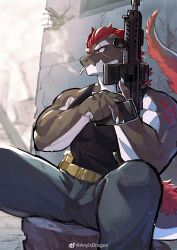 Rule 34 | 1boy, absurdres, animal ears, artist request, bara, black tank top, cigarette, dragon (any), dragon boy, dragon ears, facial hair, feet out of frame, furry, furry male, goatee, gun, highres, holding, holding gun, holding weapon, male focus, muscular, muscular male, original, pants, red hair, scar, second-party source, shirt tucked in, sitting, smoking, solo, spread legs, tank top, thick eyebrows, weapon