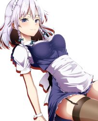 Rule 34 | 1girl, absurdres, apron, black thighhighs, blue eyes, braid, breasts, garter straps, grey hair, highres, izayoi sakuya, kamunika, large breasts, looking at viewer, maid, maid headdress, parted lips, short sleeves, side braids, simple background, solo, thighhighs, touhou, twin braids, white apron, white background, wrist cuffs