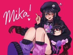 Rule 34 | 1girl, alternate costume, alternate hairstyle, black hair, black nails, black sweater, blush, commentary, doll, earrings, english commentary, eyeshadow, finger gun, hair behind ear, highres, holding, holding doll, jewelry, kuromi, long hair, makeup, mika melatika, mochii (mochiidonuts), multicolored hair, my melody, nail polish, nijisanji, nijisanji id, one eye closed, onegai my melody, pointy ears, red background, red eyeshadow, red hair, sanrio, solo, streaked hair, sweater, tube socks, very long hair, virtual youtuber