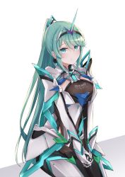 Rule 34 | 1girl, breasts, chest jewel, cowboy shot, earrings, gloves, green eyes, green hair, highres, jewelry, large breasts, long hair, pneuma (xenoblade), ponytail, sarasadou dan, simple background, sitting, solo, spoilers, swept bangs, tiara, very long hair, white background, xenoblade chronicles (series), xenoblade chronicles 2