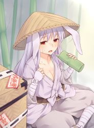 Rule 34 | 1girl, ajirogasa, alternate costume, animal ears, baggy pants, bamboo, bamboo forest, bandaged arm, bandaged leg, bandages, basket, black sash, blush, breasts, cleavage, commentary request, cup, feet out of frame, forest, grey robe, hat, highres, holding, holding cup, long hair, long sleeves, looking at viewer, medium breasts, miyo (ranthath), nature, ofuda, open mouth, pants, purple hair, rabbit ears, red eyes, reisen udongein inaba, robe, sash, sitting, solo, sweat, touhou, wide sleeves