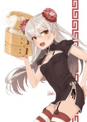 Rule 34 | 1girl, adapted costume, alakoala, amatsukaze (kancolle), artist name, black dress, blush, bun cover, china dress, chinese clothes, cowboy shot, dated, dress, dumpling, fang, food, grey hair, highres, holding, kantai collection, long hair, open mouth, signature, skin fang, smile, solo, striped clothes, striped thighhighs, thighhighs, yellow eyes
