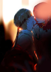Rule 34 | 1boy, 1girl, bdsm, blindfold, blonde hair, blurry, bracelet, collared shirt, covered eyes, face-to-face, facing up, fur shawl, gintama, grabbing another&#039;s chin, hair over eyes, hand on another&#039;s chin, hetero, imminent kiss, jewelry, kagura (gintama), leaning forward, maosen, off shoulder, okita sougo, parted lips, pink hair, popped collar, profile, red lips, shawl, shirt, short hair, sidelocks, sweat, toggles, wet, wet hair, white shirt