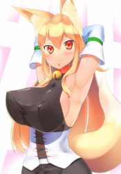 Rule 34 | 1girl, animal ears, armpits, arms behind head, arms up, bell, blonde hair, blush, breasts, commentary request, corset, detached sleeves, covered erect nipples, fox ears, fox tail, highres, jingle bell, large breasts, long hair, original, perky breasts, portrait, red eyes, shinoshinosp, sideboob, solo, tail, underbust