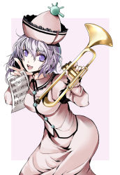 Rule 34 | 1girl, atoshi, bad id, bad pixiv id, bass clef, beamed quavers, female focus, hat, instrument, merlin prismriver, musical note, quaver, sheet music, short hair, solo, touhou, treble clef, trumpet