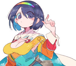 Rule 34 | 1girl, blue eyes, blue hair, blush, breasts, cloak, dress, hairband, large breasts, long sleeves, massakasama, multicolored clothes, multicolored dress, multicolored hairband, parted lips, patchwork clothes, short hair, simple background, solo, tenkyuu chimata, touhou, upper body, white background, white cloak
