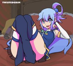 Rule 34 | 1girl, animated, aqua (konosuba), ass, blue eyes, blue hair, blue panties, boots, female focus, high heel boots, high heels, highres, kono subarashii sekai ni shukufuku wo!, long hair, open mouth, panties, skirt, smile, solo, spread legs, tagme, taunting, thighhighs, thighs, third-party edit, twistedgrim, underwear, video, white thighhighs
