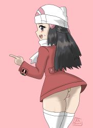 Rule 34 | 1girl, absurdres, anal, anal object insertion, artist name, ass, beanie, black eyes, black hair, blush, bottomless, butt plug, coat, creatures (company), dawn (pokemon), female focus, from behind, game freak, hair ornament, hairclip, hand up, hat, highres, long hair, long sleeves, looking at viewer, looking back, matching hair/eyes, nintendo, object insertion, open mouth, pink background, poke ball theme, pokemon, pokemon dppt, pokemon platinum, protoscene, pussy, pussy juice, pussy juice drip, red coat, scarf, sex toy, shiny skin, signature, simple background, smile, solo, standing, sweat, teeth, textless version, thighhighs, uncensored, white hat, white scarf, white thighhighs