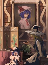 Rule 34 | 2girls, amino (tn7135), bad id, bad pixiv id, blonde hair, blue hair, couch, closed eyes, fang, hat, kirisame marisa, mob cap, multiple girls, open mouth, plant, portrait (object), potted plant, red eyes, remilia scarlet, screen, sitting, touhou, witch hat