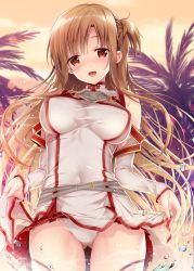 Rule 34 | 1girl, asuna (sao), belt, blush, braid, breasts, brown eyes, brown hair, clothes lift, covered erect nipples, covered navel, elbow gloves, gloves, highres, large breasts, long hair, nail, open mouth, panties, parted bangs, pleated skirt, ponytail, skirt, skirt lift, sky, smile, solo, sousouman, sword art online, thighhighs, twilight, underwear, undressing, water, wet, white panties, white thighhighs