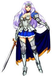 Rule 34 | 10s, 1girl, annelotte, aqua eyes, armor, armored dress, blue cape, blue skirt, boots, breasts, cape, choker, cleavage, contrapposto, eiwa, female focus, forehead protector, full body, gauntlets, greaves, highres, large breasts, legs, light purple hair, long hair, looking at viewer, parted lips, pauldrons, pleated skirt, queen&#039;s blade, queen&#039;s blade lost worlds, queen&#039;s blade rebellion, shoulder armor, simple background, skirt, smile, solo, standing, thigh boots, thighhighs, thighs, white background, zettai ryouiki