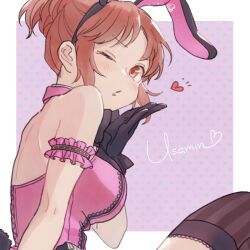 Rule 34 | 1girl, abe nana, animal ears, arm strap, blowing kiss, breasts, brown eyes, brown hair, chanosuke, detached collar, fake animal ears, fake tail, hairband, heart, idolmaster, idolmaster cinderella girls, large breasts, leotard, one eye closed, pink leotard, playboy bunny, rabbit ears, rabbit tail, short ponytail, signature, solo, strapless, strapless leotard, striped clothes, striped thighhighs, tail, thighhighs, vertical-striped clothes, vertical-striped thighhighs