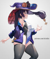 Rule 34 | 1girl, ai-assisted, aztodio, black hair, blue hat, blush, breasts, genshin impact, green eyes, hat, long hair, long sleeves, medium breasts, mona (genshin impact), one-piece swimsuit, smile, solo, swimsuit, thighs, twintails, white background, witch hat