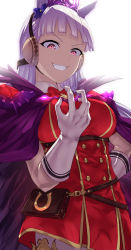 Rule 34 | 1girl, animal ears, belt pouch, blunt bangs, breasts, buttons, cape, double-breasted, dress, evil grin, evil smile, gloves, gold ship (legend of king uma - the strongest in question) (umamusume), gold ship (umamusume), gold trim, grey eyes, grin, hand on own hip, headgear, highres, horse ears, horse girl, large breasts, long hair, maneki-neko, pillbox hat, pouch, purple cape, purple eyes, red dress, silver hair, smile, solo, straight hair, uenoryoma, umamusume, v-shaped eyebrows, white gloves