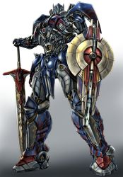 Rule 34 | 1boy, autobot, blue eyes, energy sword, full body, glowing, glowing eyes, grey background, headgear, holding, holding sword, holding weapon, huge weapon, insignia, kamizono (spookyhouse), knight, looking at viewer, machine, machinery, male focus, mecha, mechanical sword, no humans, optimus prime, personification, robot, shield, solo, sword, transformers, transformers: the last knight, transformers (live action), weapon