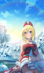 Rule 34 | 1girl, arm support, blonde hair, blue eyes, blush, bracelet, breasts, cleavage, closed mouth, cloud, collar, commentary request, creatures (company), day, e-co, game freak, gen 4 pokemon, glaceon, hairband, highres, irida (pokemon), jewelry, looking at viewer, medium hair, neck ring, nintendo, on lap, outdoors, pokemon, pokemon (creature), pokemon legends: arceus, pokemon on lap, red hairband, red shirt, sash, shirt, shorts, sitting, sky, snow, strapless, strapless shirt, tree, white shorts