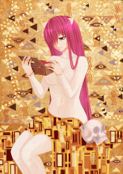 Rule 34 | 00s, 1girl, abstract background, bodysuit, breasts, covered navel, elfen lied, hair over one eye, highres, horns, long hair, long sleeves, lucy (elfen lied), monster girl, music box, red eyes, red hair, sitting, skull, solo, very long hair, yoneyu