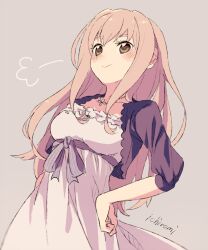 Rule 34 | 1girl, blush, brown eyes, commentary request, cropped jacket, dress, grey background, hand on own hip, ichiromi, idolmaster, idolmaster cinderella girls, jewelry, long hair, looking at viewer, necklace, pink hair, saionji kotoka, signature, simple background, sketch, smile, solo, upper body, white dress