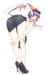 Rule 34 | 1girl, ass, bare legs, bent over, black footwear, black hat, blouse, blush, bow, breasts, commentary request, embarrassed, frills, full body, hanging breasts, hat, hat bow, high heels, highres, large breasts, looking at viewer, looking back, nagae iku, non (z-art), one-hour drawing challenge, panties, panty pull, perspective, puffy sleeves, pulled by self, purple hair, red eyes, shawl, shirt, short hair, solo, thighs, touhou, underwear, white shirt