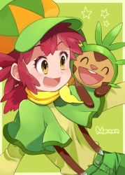 Rule 34 | 1girl, capelet, character name, chespin, commentary request, creatures (company), eyelashes, game freak, gen 6 pokemon, green headwear, green shirt, hat, mairin (pokemon), nintendo, open mouth, pokemon, pokemon (anime), pokemon (creature), pokemon on arm, pokemon xy (anime), red hair, sasairebun, scarf, shirt, star (symbol), suspenders, tongue, yellow eyes, yellow scarf