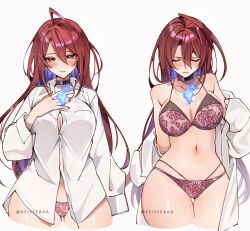 Rule 34 | 1girl, absurdres, ahoge, alternate costume, blue fire, blush, breasts, cleavage, collared shirt, colored inner hair, elizabeth rose bloodflame, fire, highres, hololive, hololive english, huge ahoge, keisea, large breasts, long hair, looking at viewer, multicolored hair, nail polish, navel, red eyes, red hair, shirt, solo, thick thighs, thigh gap, thighs, very long hair, virtual youtuber