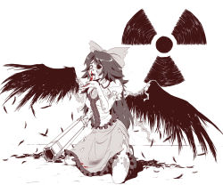 Rule 34 | 1girl, alteigramme, blood, bow, death, female focus, hair bow, highres, irradiation, radiation symbol, reiuji utsuho, skirt, solo, spot color, torn clothes, touhou, wings