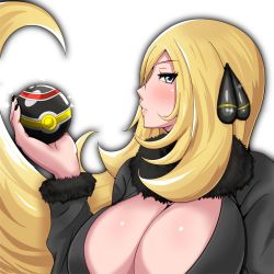Rule 34 | 1girl, alternate color, artist request, black nails, blonde hair, blush, breasts, cleavage, cleavage cutout, clothing cutout, creatures (company), cynthia (pokemon), female focus, game freak, hair ornament, holding, holding poke ball, large breasts, lips, long hair, looking at viewer, looking to the side, luxury ball, nail polish, nintendo, poke ball, pokemon, pokemon (anime), pokemon dppt, shiny skin, solo, upper body, very long hair