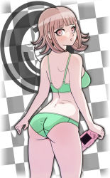 Rule 34 | 1girl, :o, ass, bare arms, bare shoulders, black-rayal, black background, blush, bra, checkered background, commentary, danganronpa (series), danganronpa 2: goodbye despair, english commentary, flipped hair, from behind, green bra, green panties, hair ornament, handheld game console, highres, holding, holding handheld game console, light brown hair, looking at viewer, nanami chiaki, panties, pink eyes, short hair, simple background, solo, underwear, white background