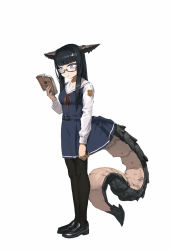 Rule 34 | 1girl, black footwear, black hair, blunt bangs, book, commentary request, full body, glasses, highres, holding, holding book, horns, lizard tail, long hair, monster girl, neck ribbon, original, purple eyes, reading, reptile girl, rias-coast, ribbon, school uniform, shoes, simple background, solo, tail, thighhighs, white background