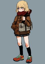 Rule 34 | 10s, 1girl, bag, black skirt, black socks, brown coat, carrying, casual, chikiso, closed mouth, coat, cross-laced footwear, frown, full body, girls und panzer, hand in pocket, katyusha (girls und panzer), long sleeves, miniskirt, new balance, pleated skirt, red footwear, red scarf, scarf, shoes, short hair, simple background, skirt, sneakers, socks, solo, standing, white background