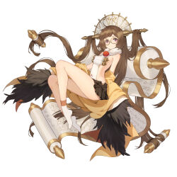 Rule 34 | 1girl, absurdly long hair, black skirt, brown hair, chinese commentary, closed mouth, clothing request, commentary, daichengqi, flat chest, full body, fur collar, glasses, gold trim, headgear, highres, illusion connect, long hair, looking at viewer, miniskirt, no shoes, phoebe (illusion connect), pink eyes, pleated skirt, scroll, skirt, socks, solo, very long hair, white socks, yellow-framed eyewear